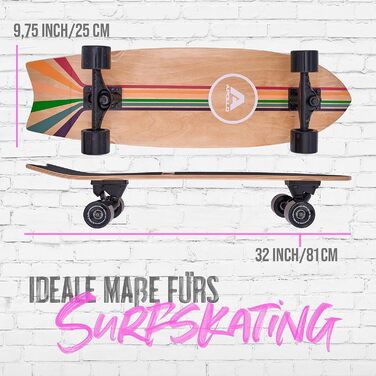 Серфскейт Apollo Surfskate Pro Midi Longboard для дорослих та дітей, з якісною вісью для карвінгу та пампінгу, міні круїзер для стрітсерфінгу, смугастий дизайн