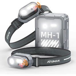 Налобний ліхтар ATuMan MH1 LED, 2 шт. з зарядним кейсом 6600mAh, 10 режимів світла, сенсор, IPX4, для кемпінгу/походів/бігу