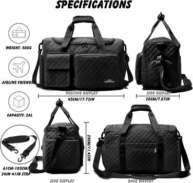 Спортивна сумка для подорожей з відділенням для взуття та вологих речей, водонепроникна сумка-вікенд для йоги, плавання та залу, унісекс (Чорна)