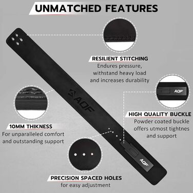 AQF Пояс для важкої атлетики з пряжкою Lever, 4' Ширина 10 мм, Шкіряний пояс - Сертифікований IPL USPA, Пояс для силових тренувань, Підйомник, Пояс для важкої атлетики для фітнесу, пауерліфтингу, чорний