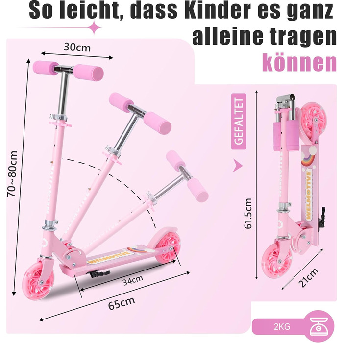 Самокат дитячий Roller Kinder 2 колеса, складаний, рожевий, з LED підсвіткою, регульована висота (3-12 років)