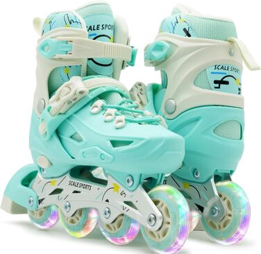 Регульовані роликові ковзани з підсвічуванням коліс - дитячі та дорослі ролики (L (5-7 UK), м'ятний колір)