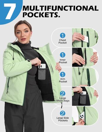 Жіноча лижна куртка GEMYSE з інтегрованими лямками. Тепла зимова куртка, водонепроникна, вітронепроникна та дихаюча. Снігова куртка для активного відпочинку на природі. Колір: світло-зелений.