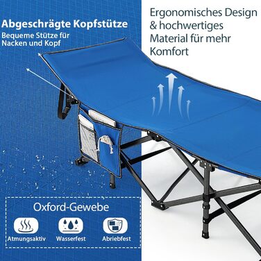 Розкладне ліжко SOARS для кемпінгу та відпочинку: стабільне металеве ліжко з кишенею та сумкою, до 272 кг, для саду, відпочинку на природі та в приміщенні (зелений/блакитний)