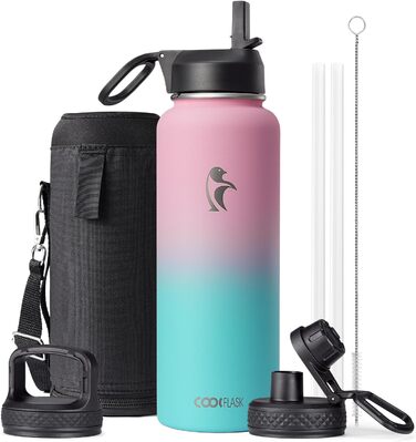 Термос-бутилка Coolflask 1180 мл з трубочкою, 3 кришки, металевий, вакуумний, для спорту та офісу, Bubble Gum
