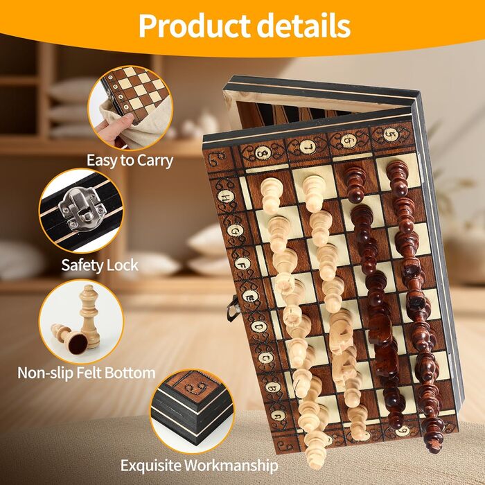 Магнітна шахова дошка 3-в-1 з дерева, 29 x 29 см. Шахи для дітей, для подорожей та сімейних ігор