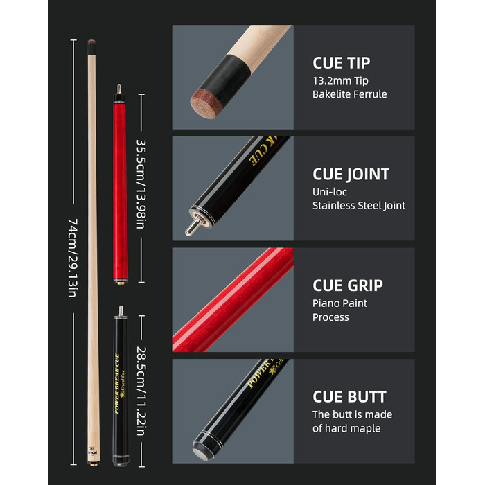 Професійна більярдна/пулова кий Crival Heavy Hitter Jump-Break-Queue, 3-частини, 137.2 см, з кленова дерева, з наконечником 13.2 мм