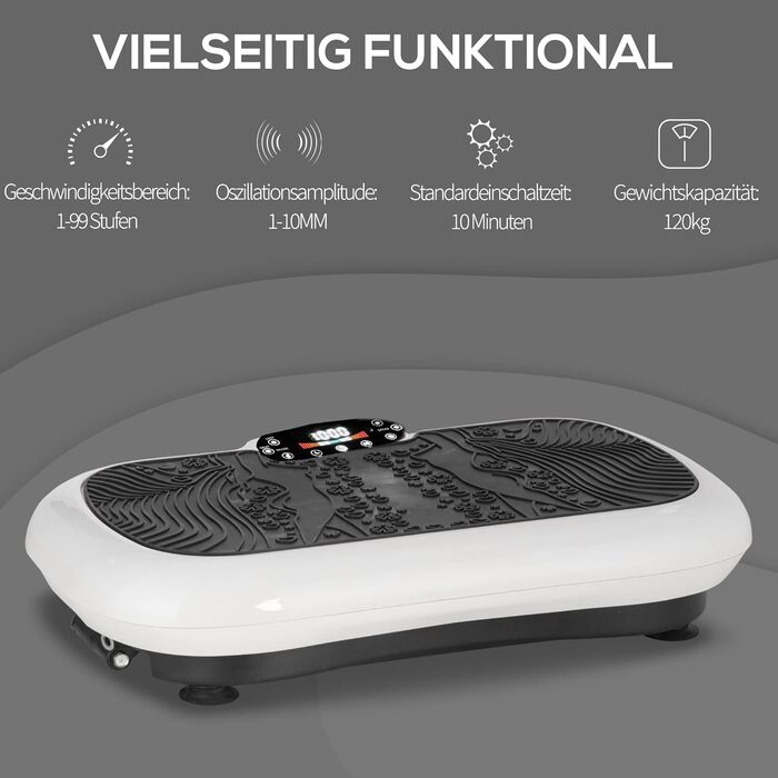 Вібраційна платформа HOMCOM з 2 фітнес-резинками, 99 режимів, 120 кг, для домашнього тренування, 200 Вт, LCD-дисплей, 73x40x13 см, біло-чорна