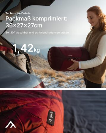 Сплячий мішок Qeedo Fluffy 0 Daunen 4 сезони (комфортна температура 0°C) - легкий, компактний, RDS-сертифікований - для кемпінгу, трекінгу, подорожей - червоний (170-195 см)