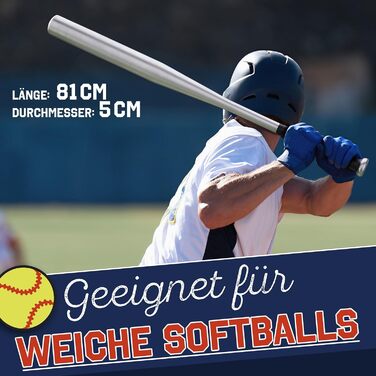 Бейсбольна бита: дерев'яна або алюмінієва, міцна, з неслизькою ручкою, 81 см (срібна, алюміній)