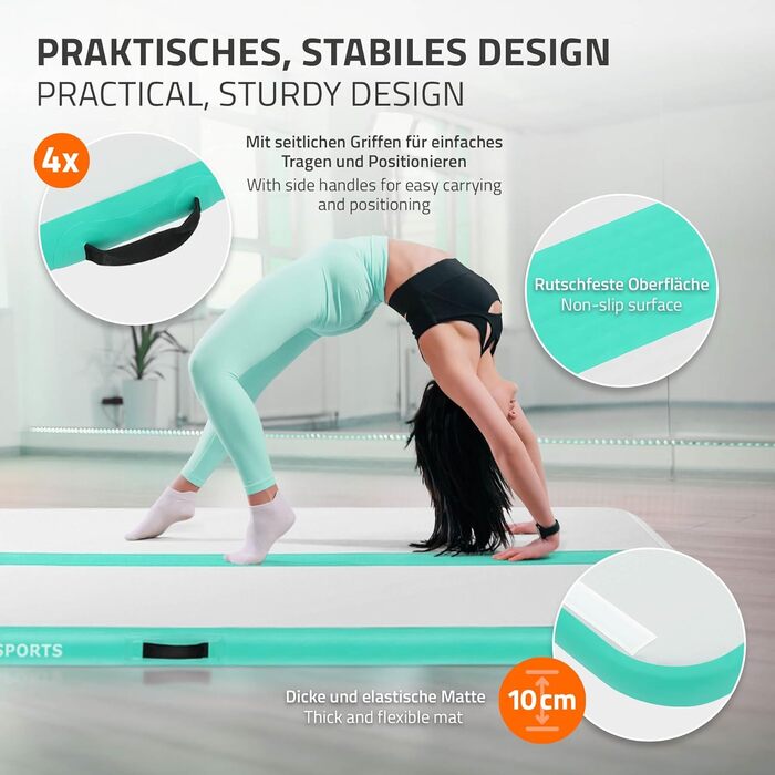 Гімнастичний мат Airtrack ECD Germany для тумблінгу та фітнесу, надувний мат для гімнастики 500x100x10 см, м'ятно-зелений, з електричним насосом та сумкою
