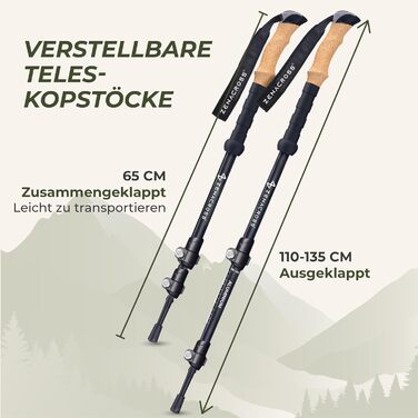 Телескопічні палиці для скандинавської ходьби та трекінгу Nordic Walking, ультралегкі, з натуральними корковими ручками, алюміній