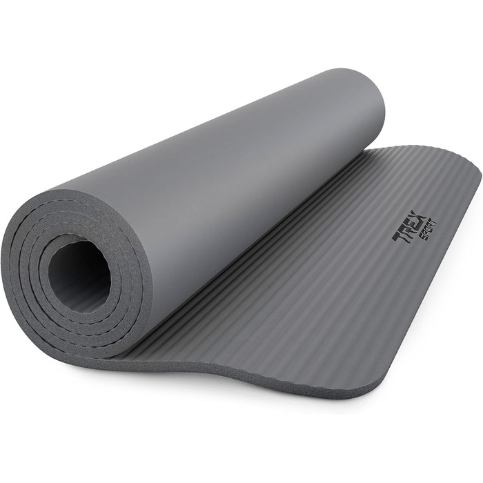 TREX SPORT Килимок для гімнастики та фітнесу | Товстий та м'який, 190x80x1 см, з ручкою для перенесення, неслизький, сірий | Килимок для йоги