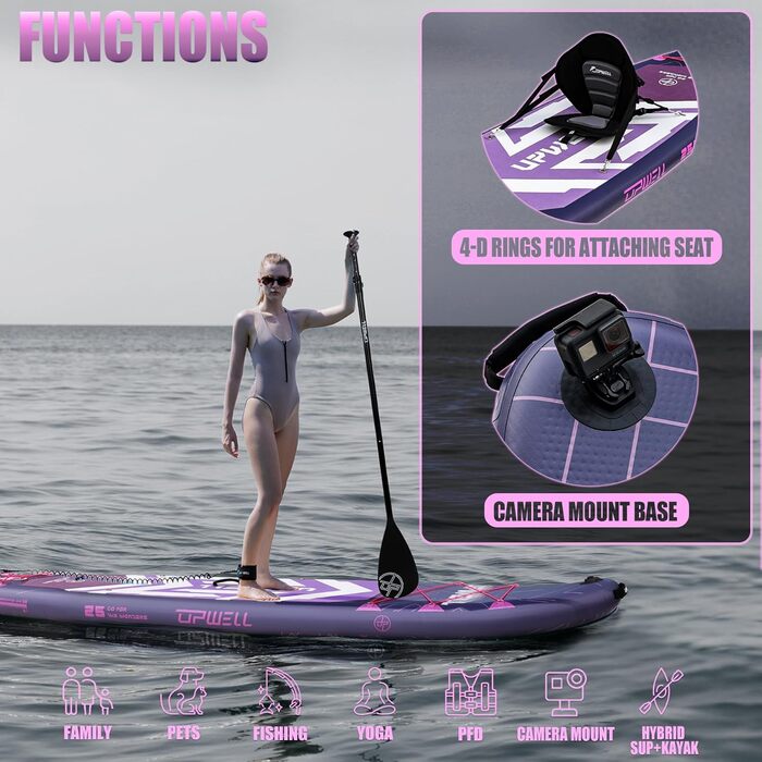 SUP-дошка Upwell 350x89 см з сидінням, надувна дошка для SUP-серфінгу (2+1) для дорослих та підлітків, фіолетова. Комплект: рюкзак, весло, ліш, насос, плавники.