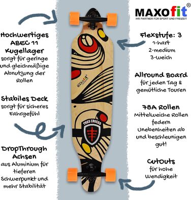 Лонгборд MAXOfit у різних дизайнах з високоякісною декою з клена/бамбука для початківців та досвідчених