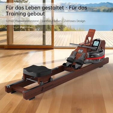 Гребний тренажер R1E з дуба, 28L резервуар для води, 12-лопатеве весло, Bluetooth & LCD-дисплей, сумісний з Kinomap APP, підставка для планшета, тихий та компактний велотренажер до 150 кг