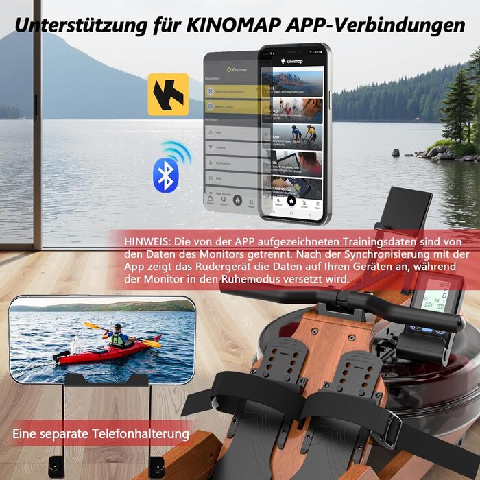 Гребний тренажер Wenoker для дому з дерева, складаний, з Bluetooth, комфортне сидіння, подвійні направляючі, до 150 кг, натуральний дуб