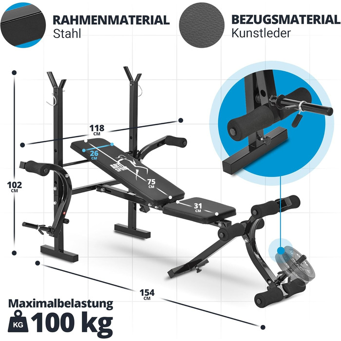 Універсальна лавка для жиму ArtSport ProfiGym1000, складана, 4-позиційна, з тримачем для штанги, біцепс-карі та батерфляй, тренувальна, похила і горизонтальна