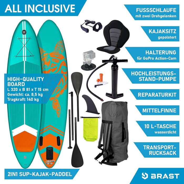 Надувний SUP Board BRAST Turtle | Комплект для станд-ап паддлбордингу | 320x81x15 см | 4 дизайни | 5 років гарантії | з аксесуарами | 2в1: SUP Board та каяк | з кріпленням для Action-Cam, петлею для ніг, рюкзаком | Колір: Туркіс