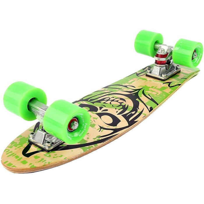 Скейтборд круїзер FunTomia Mini-Board 57 см, канадський клен (7 шарів), підшипники ABEC-9, зелений з черепом та зеленими колесами