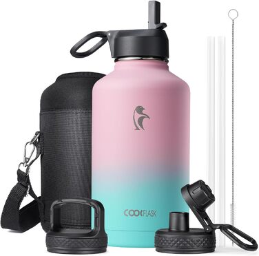 Термос-бутилка Coolflask 2 л з трубочкою та 3 кришками, нержавіюча сталь, вакуумна ізоляція, для спорту та офісу, колір Bubble Gum