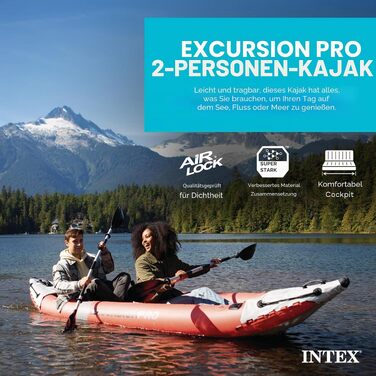 Надувний двомісний каяк INTEX Excursion Pro з веслом 218 см та насосом, SuperTough PVC, з тримачами для вудок та регульованими сидіннями