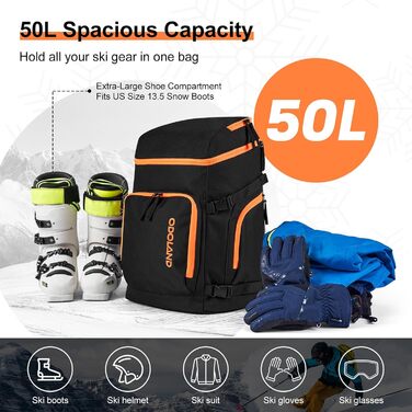 Сумка для лиж Odoland Skitasche Set: комбо для лиж та взуття, водонепроникна, до 200 см, для чоловіків та жінок (Помаранчевий)