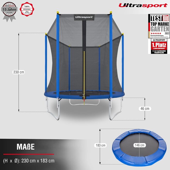 Батут Ultrasport Uni-Jump для дітей на відкритому повітрі Ø 140/183/244/305/366/460 см, до 150 кг. Комплект: сітка, захисний борт, монтажний набір. Можливе використання в приміщенні.