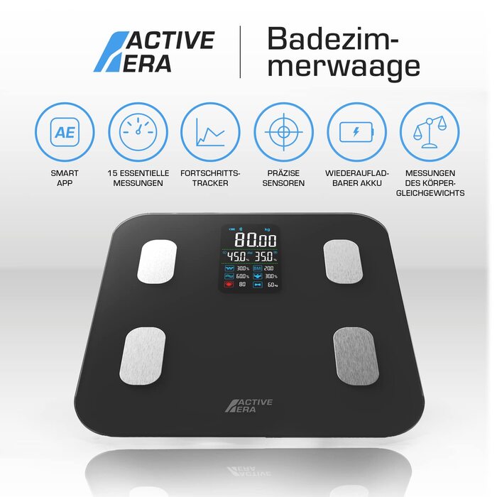 Розумна вага Active Era з Bluetooth, аналізом складу тіла, вимірюванням жиру, ІМТ, м'язової маси, води, білка та кісткової маси, 180 кг, чорна