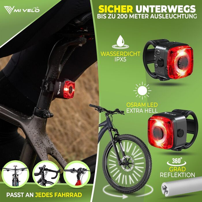 Велофара MIVELO: комплект LED фар (переднє та заднє), USB зарядка, водонепроникні, схвалені StVZO, з відбивачами, CUBE ONE