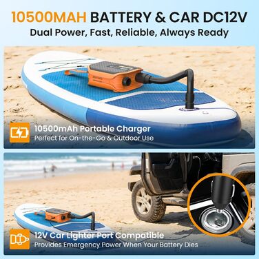 Акумуляторний насос TowerTop Sup Pumpe 10500mAh для SUP-бордів, човнів та авто, 50 PSI, 12V, двоступеневий (накачування та випуск повітря) з 8 насадками