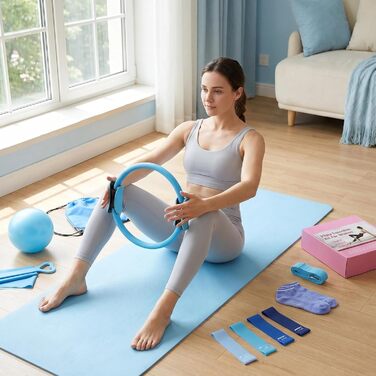 Набір для пілатесу та йоги для жінок-початківців Home Pilates & Yoga Starter Kit (22,9 см м'яч, гумові стрічки, кільце для пілатесу, ремені на щиколотки) - синій