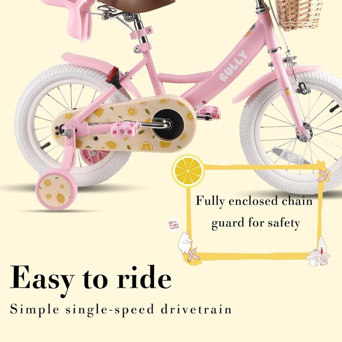 Дитячий велосипед RULLY Fruit для дівчаток 12/14/16 дюймів, 2-7 років, з додатковими колесами, кошиком та сидінням для ляльки
