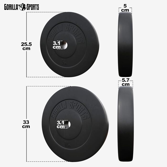 Диски для гантелей GORILLA SPORTS, набір/одиночно, 1,25–30 кг, отвір 30 мм, пластик, комплект гантелей 30 кг (2x5 + 2x10 кг)