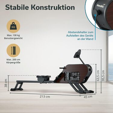 Гребний тренажер Skandika Nemo III Hybrid з водним та магнітним опором | 32 рівня електроніки, 15 програм, до 200 см, сумісний з додатком, дерев'яний | Фітнес-обладнання для дому