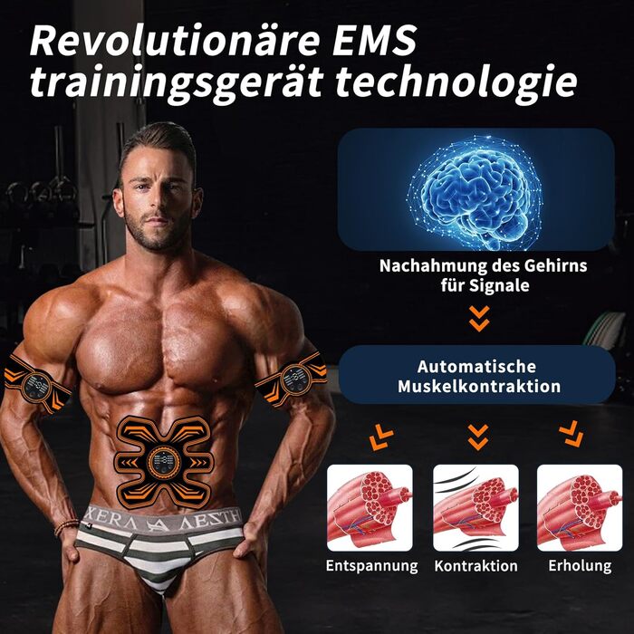EMS тренажер для преса, електростимулятор м'язів, 8 режимів, 15 рівнів інтенсивності, 10 запасних гелевих накладок, для всього тіла, помаранчевий