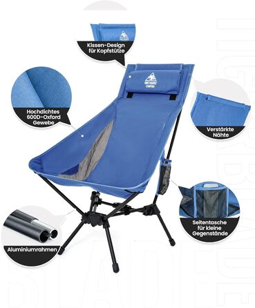 OneTigris TIGERBLADE - Крісло для кемпінгу з високою спинкою, 170 кг, складне, легке, з трикутним каркасом, для риболовлі, з 2 кишенями, для відпочинку на природі, для піших прогулянок (Блакитне)