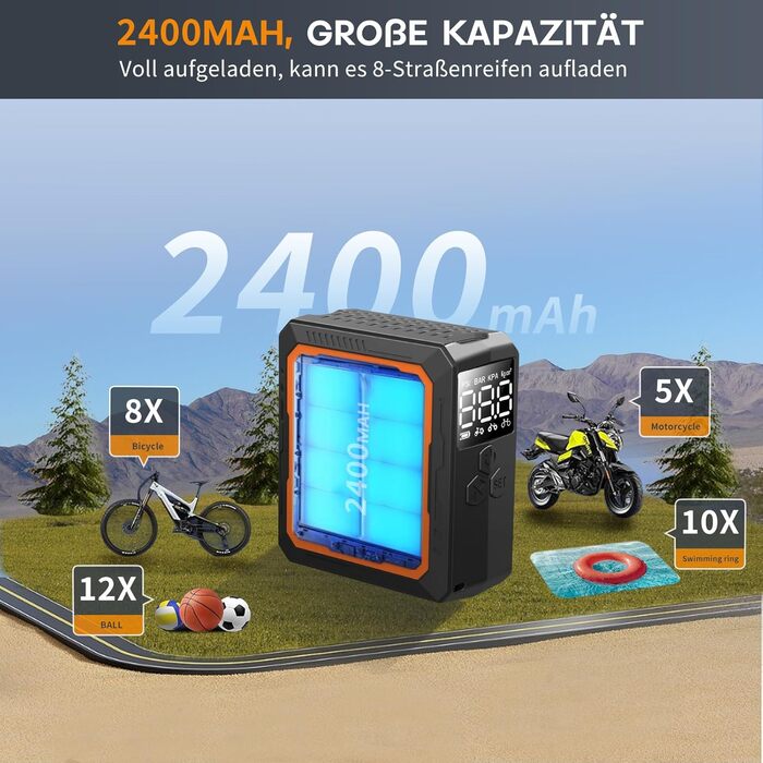 Електричний компресор ATOVANKA 150PSI для велосипеда, авто, мотоцикла та м'ячів, портативний, акумулятор 2400mAh, LED-дисплей
