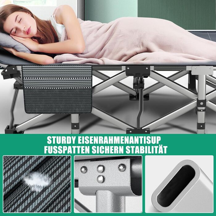 Велике розкладне ліжко з матрацом – 198x81x46 см, 400 кг, сталевий каркас, Oxford-тканина, для дорослих, сад, подорожі (Сірий)