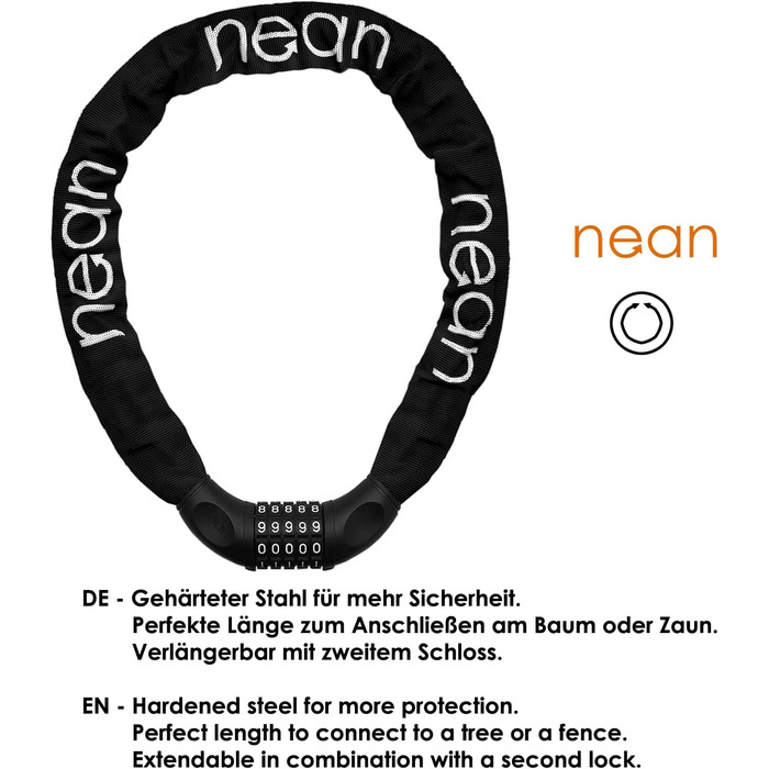 Замок для велосипеда Nean з кодом та високим рівнем безпеки, ланцюговий замок, код-комбінація, посилені сталеві ланки, 6 мм x 900 мм, чорний