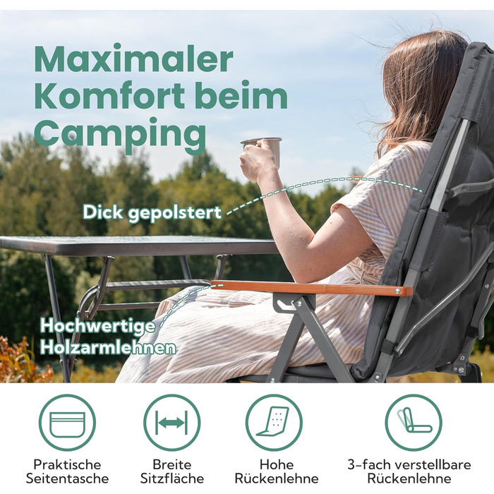 Крісло для кемпінгу Homecall, розкладне, 150 кг, висока спинка, люкс, 3 положення, м'яке, для риболовлі, саду, балкону, дому (темно-сірий)