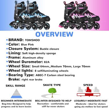 Роликові ковзани TOMSHOO Inliner з регулюванням розміру, LED-колесами, для дітей та дорослих (синій, L (37-39 EU))