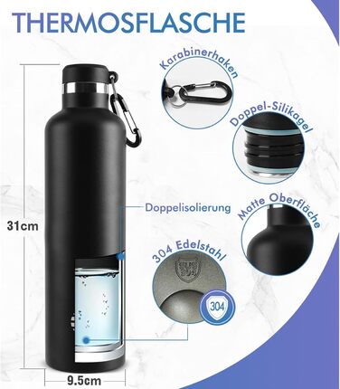 Фляга спортивна FEIJIAN 1л з карабіном, не протікає, з нержавіючої сталі, для води, напоїв, кемпінгу, школи, чорна 1000 мл