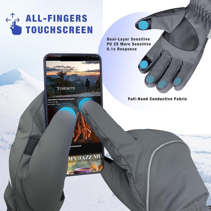 Рукавички зимові для чоловіків та жінок, велосипедні та гірськолижні, 3M Thinsulate, водонепроникні, теплі флісові з підтримкою сенсорного екрану, сірі, розмір L
