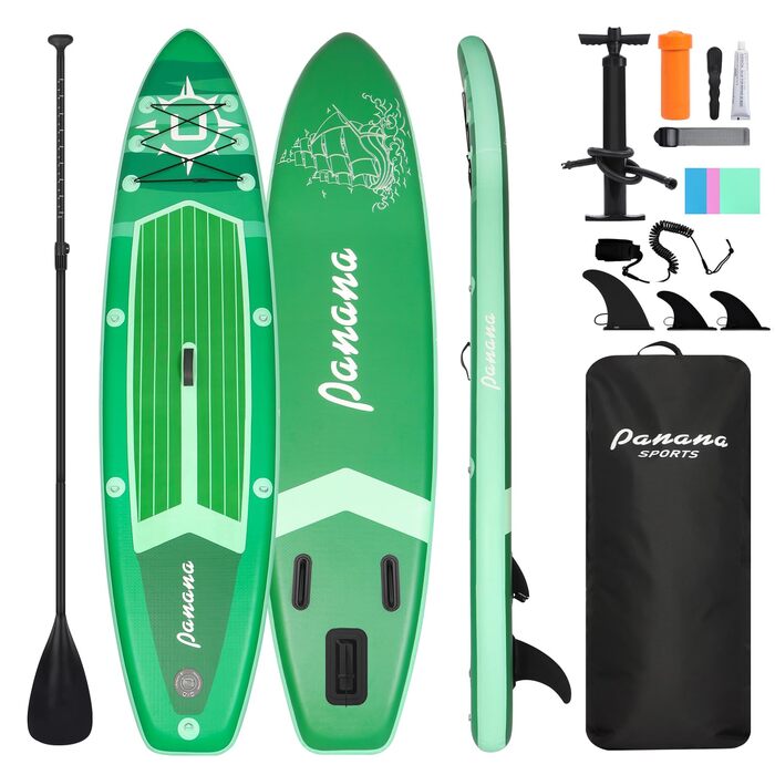 Надувне SUP-борд Panana з аксесуарами: комплект для веслування стоячи, регульоване весло, протиковзне покриття, 305x76x15 см, зелений