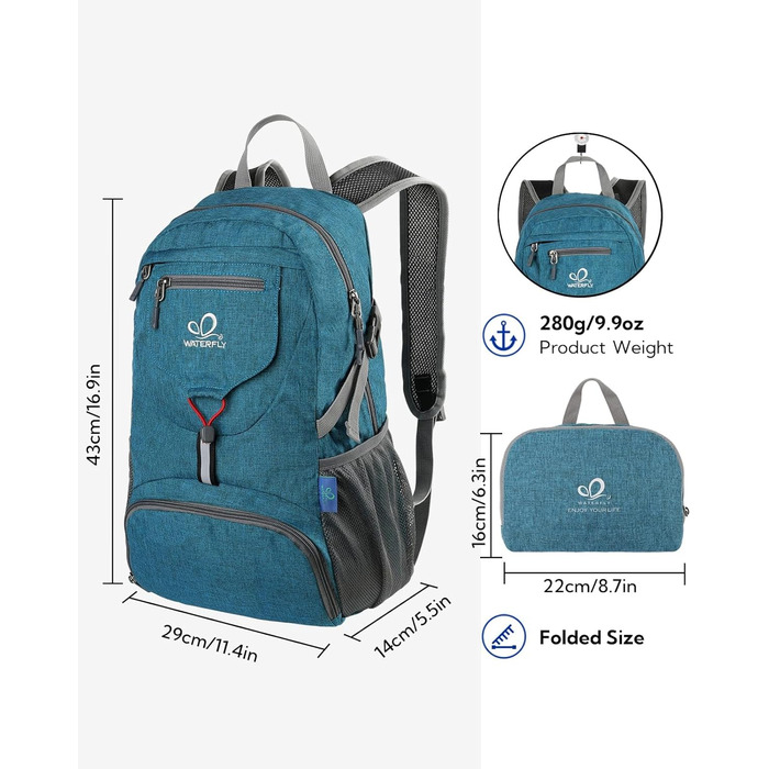 WATERFLY ультралегкий складний рюкзак 20 л для туризму, походів, спорту та подорожей, міський рюкзак для чоловіків і жінок
