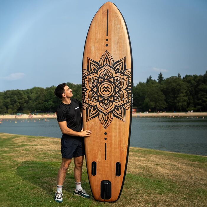 Надувний SUP-борд Matchu – комплект для станд-ап паділінгу, до 150 кг, 320x81x15 см, антиковзаюча поверхня, дерево/мандала, чорний