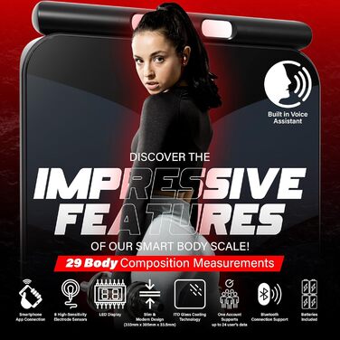 Інтелектуальна вага Bisonbody Smart Digital Body Scale – вимірювання 29 показників здоров'я, для фітнес-ентузіастів, міцна скляна платформа, 8 датчиків, підключення до смартфону