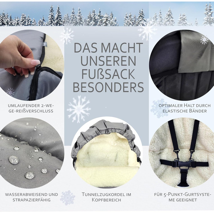 Дерев'яні санки BambiniWelt з підніжкою та тяговим тросом + зимовий чохол для ніг 108 см – тепла вовна, водовідштовхуючі – комбінований набір для дитячої коляски та візка Чорний