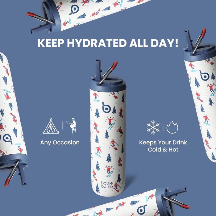 Термос пляшка BOTTLE BOTTLE 680 мл з трубочкою, кришкою та ручкою для спорту, подорожей, фітнесу, нержавіюча сталь, двошарова, герметична (для лижного спорту)
